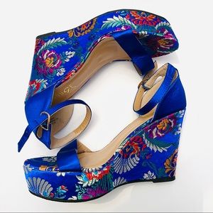 Oriental Blue silk flower wedge shoes